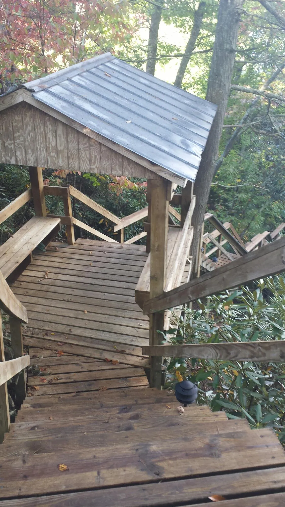 Metal roofed shelter over wooden steps on a wooded walkway — Skylight Repair & Installation work by our crew in Estell Manor